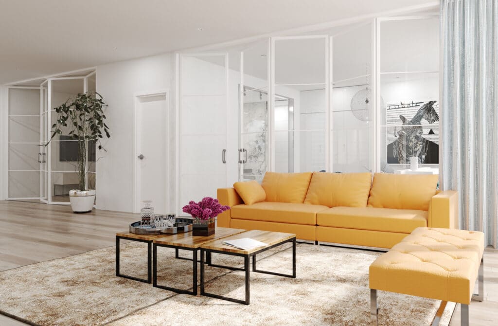 steel-look internal bifold doors in modern apartment setting